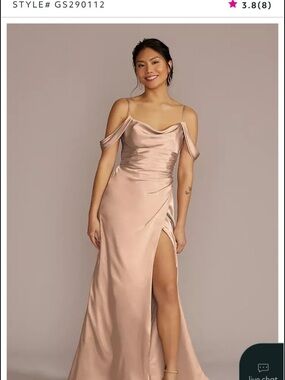 David's Bridal Satin Blush Cold-Shoulder Gown with Thigh Slit